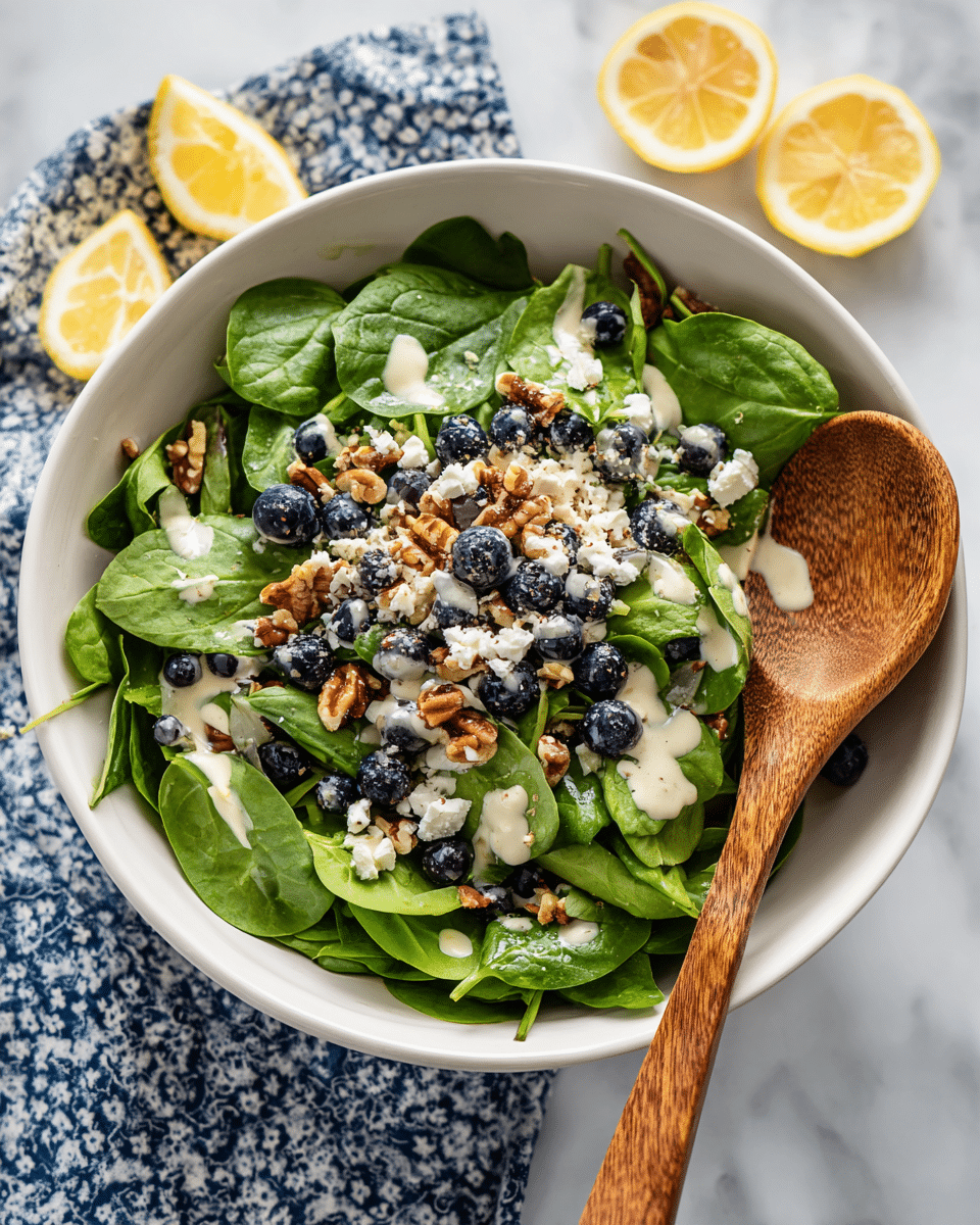 A white plate filled with a fresh salad that has three main layers: a bottom layer of leafy green spinach and arugula leaves, a middle layer of blueberries and small pieces of white cheese scattered evenly, and a top layer of walnut halves mixed throughout. Lemon wedges are placed on the sides of the plate for decoration. The salad is lightly drizzled with a creamy dressing and garnished with poppy seeds. A wooden salad spoon is partially resting on the right side of the plate, and the plate sits on a white marbled surface with a blue patterned cloth underneath. Photo taken with an iphone --ar 4:5 --v 7