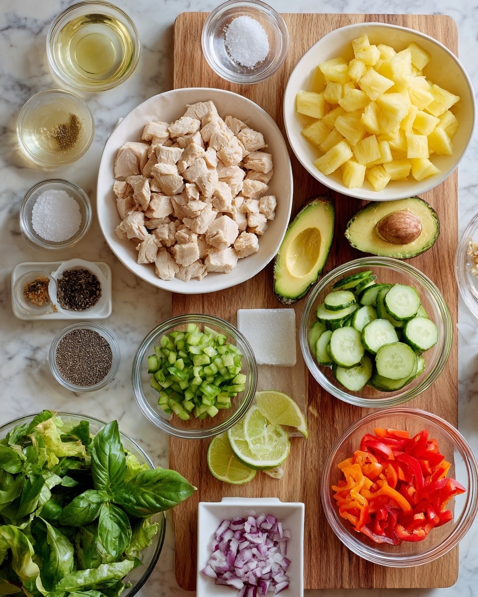 The image shows many small white bowls and clear glass bowls arranged on a wooden board and a white marbled surface. There is one large white bowl filled with chopped cooked chicken pieces with a light beige color placed on the left side. Next to it, a large white bowl holds bright yellow pineapple chunks. Around these bowls are smaller bowls containing different ingredients: sliced cucumbers in a white bowl, small diced red tomatoes in a clear glass bowl, thin orange bell pepper strips in a clear glass bowl, chopped green herbs in a small white bowl, a halved avocado placed open with bright green flesh and dark skin, a small glass bowl filled with a light yellow liquid, a small glass bowl of white granulated salt, a small dark glass bowl with a dark liquid, a quarter slice of lime in a tiny white bowl, and a small white dish with diced red and white onions. At the bottom left, there is a clear glass bowl with chopped green jalapenos, fresh green lettuce, dark purple basil leaves, and sliced avocado. A small square glass container holds chia seeds, and a small clear round glass bowl holds more light yellow cut pineapple pieces. The setting is clean and fresh on a white marbled surface, photo taken with an iphone --ar 4:5 --v 7