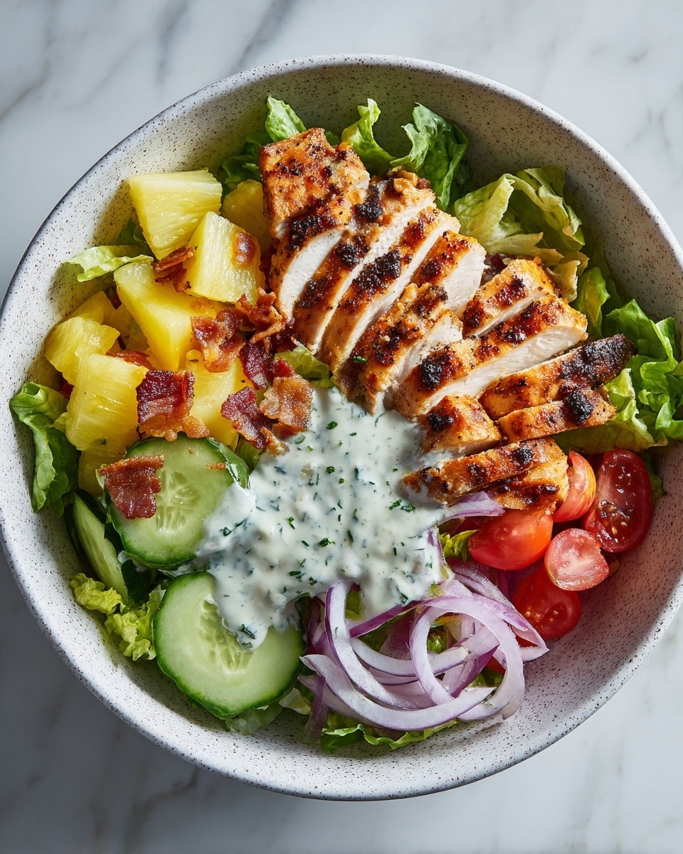 A white speckled bowl holds a layered salad starting with a base of bright green lettuce leaves. On top of the greens, there are red cherry tomato halves, pale yellow pineapple chunks, and slices of cucumber and red onion scattered around. The centerpiece is grilled chicken, sliced into several thick pieces with a golden-brown charred crust, arranged neatly in the middle. White creamy dressing with green herb bits is drizzled over the salad, along with small crispy brown bits adding texture. The bowl sits on a white marbled surface, with natural light highlighting the fresh, colorful ingredients photo taken with an iphone --ar 4:5 --v 7