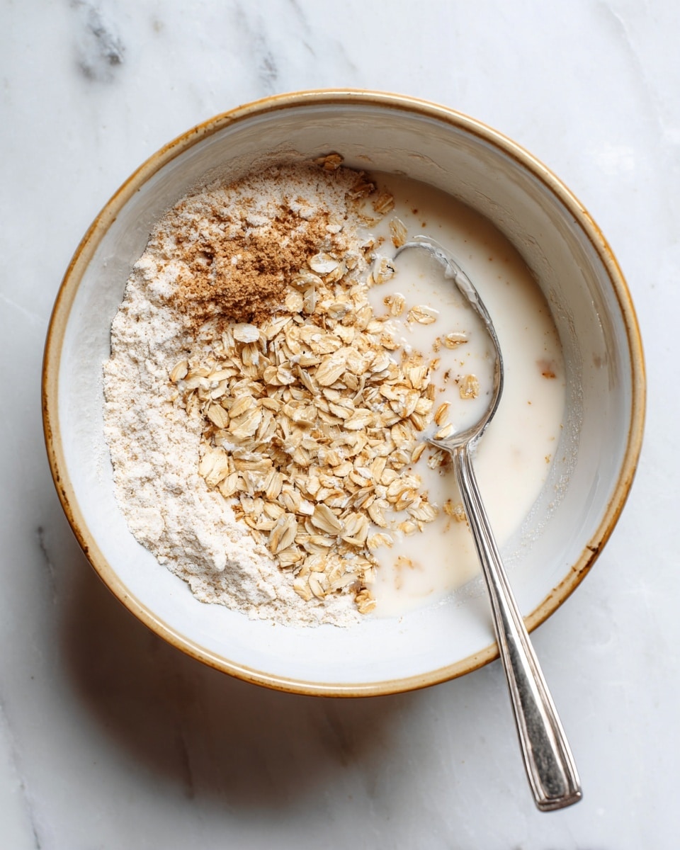 A white bowl with a thin gold rim sits on a white marbled surface, filled with dry and wet ingredients for baking. Inside are three visible layers: a light beige flour layer on the bottom left, a creamy off-white liquid covering most of the bowl, and scattered light brown rolled oats on top, mostly near the center. A silver mixing spoon rests inside the bowl with its handle pointing outward to the right. Photo taken with an iphone --ar 4:5 --v 7