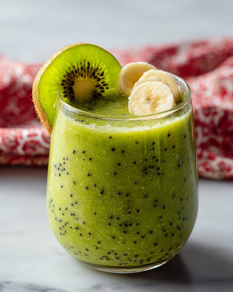 A clear glass filled with a thick, green kiwi smoothie that has small black kiwi seeds spread evenly throughout the drink. On the rim of the glass, there is a slice of bright green kiwi and a slice of pale yellow banana placed side by side. The glass is set on a white marbled surface, with a blurred red and white patterned cloth in the background. photo taken with an iphone --ar 4:5 --v 7