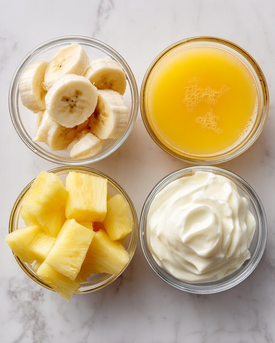 The image shows four small, clear glass bowls arranged in a square on a white marbled surface. The top left bowl holds peeled banana pieces, cut into thick slices with a soft yellow color. The top right bowl contains a light orange juice with a smooth texture and a few small bubbles on the surface. The bottom left bowl is filled with bright yellow pineapple chunks, appearing juicy and slightly translucent. The bottom right bowl holds thick, white, creamy yogurt with a smooth texture and soft peaks. Photo taken with an iphone --ar 4:5 --v 7