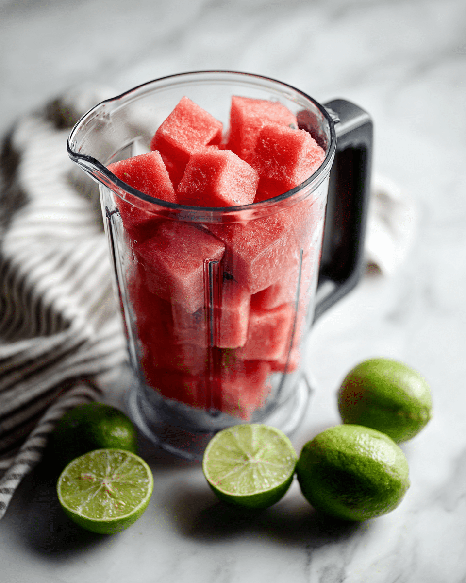 A clear blender jar is filled with many bright red cubes of watermelon stacked up inside. The blender jar has black handle and sits on a white marbled surface. Near the jar, there are three whole green limes and one lime sliced in half, showing the light green inside. A white and grey striped cloth is placed on the upper left side of the blender jar. photo taken with an iphone --ar 4:5 --v 7