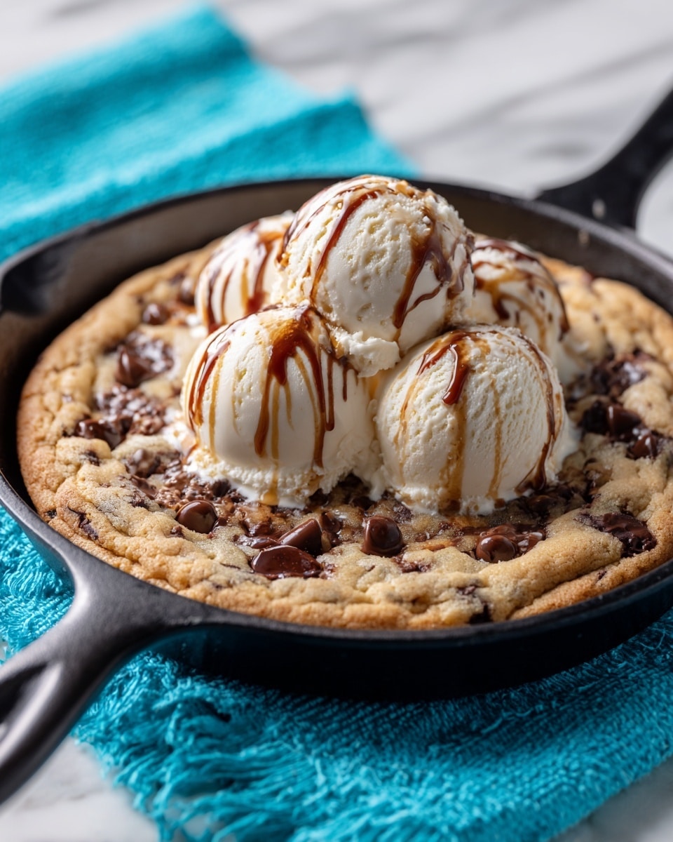A close-up of a thick cookie baked in a black cast iron skillet, with a golden-brown edge and soft, slightly shiny center full of melted dark chocolate chunks scattered throughout. On top of the cookie sits a large scoop of creamy white ice cream, beginning to melt slightly. The skillet is placed on a white marbled surface. photo taken with an iphone --ar 4:5 --v 7