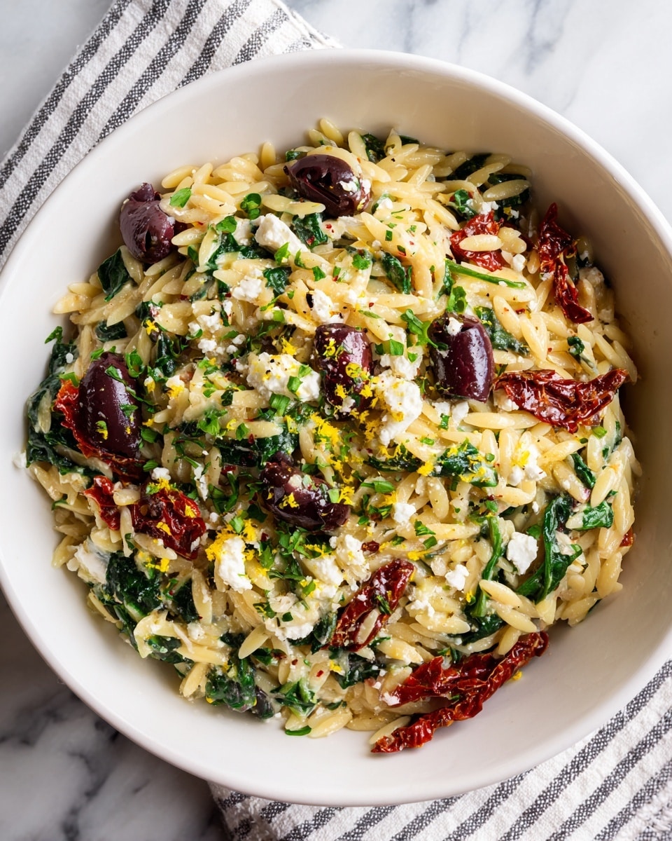 A white bowl filled with a mixed salad consisting of orzo pasta as the base layer, small chunks of white cheese scattered throughout, dark purple olives, chopped green spinach leaves, and small pieces of red sun-dried tomatoes all mixed together. The bowl is placed on a white textured cloth with thin black stripes, sitting on a white marbled surface. Bright green basil leaves are placed beside the bowl, and the overall look is fresh and colorful. photo taken with an iphone --ar 4:5 --v 7
