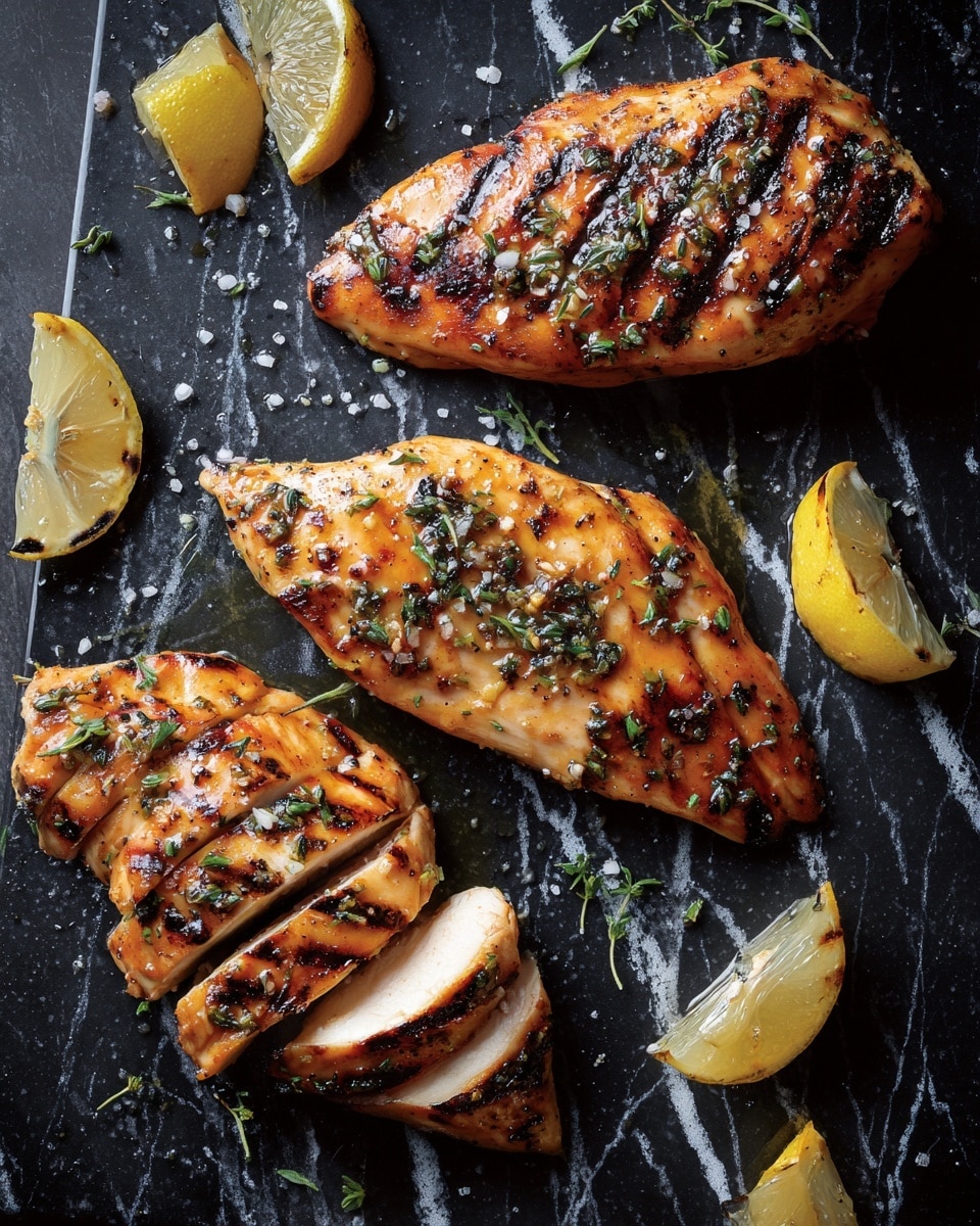 Three grilled, golden-brown chicken pieces with dark grill marks are placed side by side on a white plate. The chicken is covered with small bright green chopped herbs. Around and between the chicken are thin, bright yellow lemon slices with visible texture and seeds. Some drops of oil or sauce create a shiny effect on the chicken. The background is a white marbled surface. photo taken with an iphone --ar 4:5 --v 7