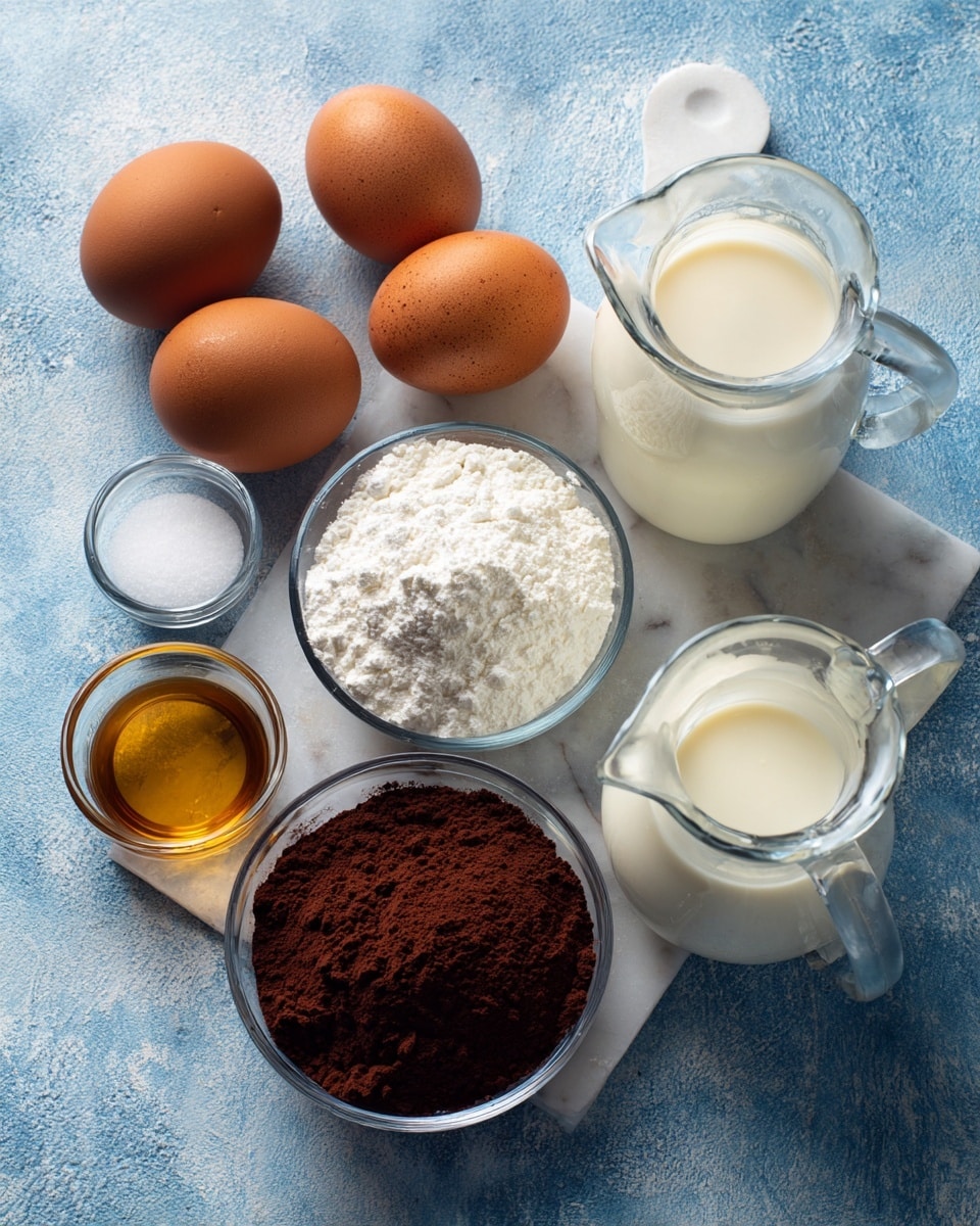 Two whole brown eggs rest on a white marbled surface near small glass bowls containing deep brown cocoa powder, white cornflour, white sugar, and a small amount of salt. Two clear glass measuring jugs filled with thick cream and milk sit nearby. A small glass bowl holds golden vanilla extract. The items are evenly spaced and labeled with simple text on a navy blue background. photo taken with an iphone --ar 4:5 --v 7