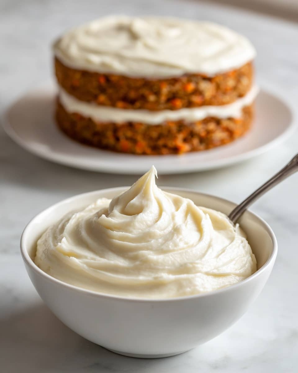 The image shows a white bowl filled with thick, creamy white frosting with soft swirls on top, and a spoon dipped into the frosting on the right side. Behind the bowl, there is a two-layer cake with light brown layers and white frosting spread on top and between the layers. The cake has an uneven texture with visible bits of ingredients inside. The bowl and cake sit on a white marbled surface with some small white crumbs scattered around. Photo taken with an iphone --ar 4:5 --v 7