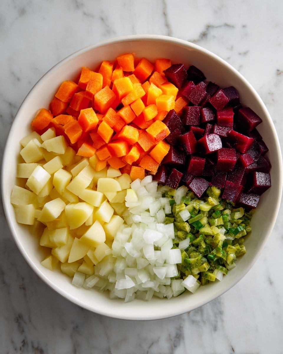 A white bowl on a white marbled surface holds five sections of small diced vegetables arranged like a colorful wheel. One section has bright orange carrots, next to pale yellow diced potatoes. Another section shows dark red beets, adjacent to green pickles, and lastly, white diced onions. Each vegetable forms a neat, separate patch within the bowl, showing a mix of smooth and slightly rough textures photo taken with an iphone --ar 4:5 --v 7