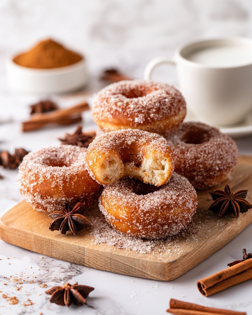 A group of brown donuts coated in a speckled cinnamon sugar mix are placed on a wooden board over a white marbled surface. Three donuts are whole, one donut is broken with bite marks showing a soft, light tan inside, and a small twisted piece is torn off, revealing the fluffy texture. Two star anise pods and a cinnamon stick lay near the donuts, while a white bowl filled with cinnamon sugar and a white cup of milk are off to the upper right side. The scene is bright and clear with focus on the sugar-coated texture of the donuts. Photo taken with an iphone --ar 4:5 --v 7