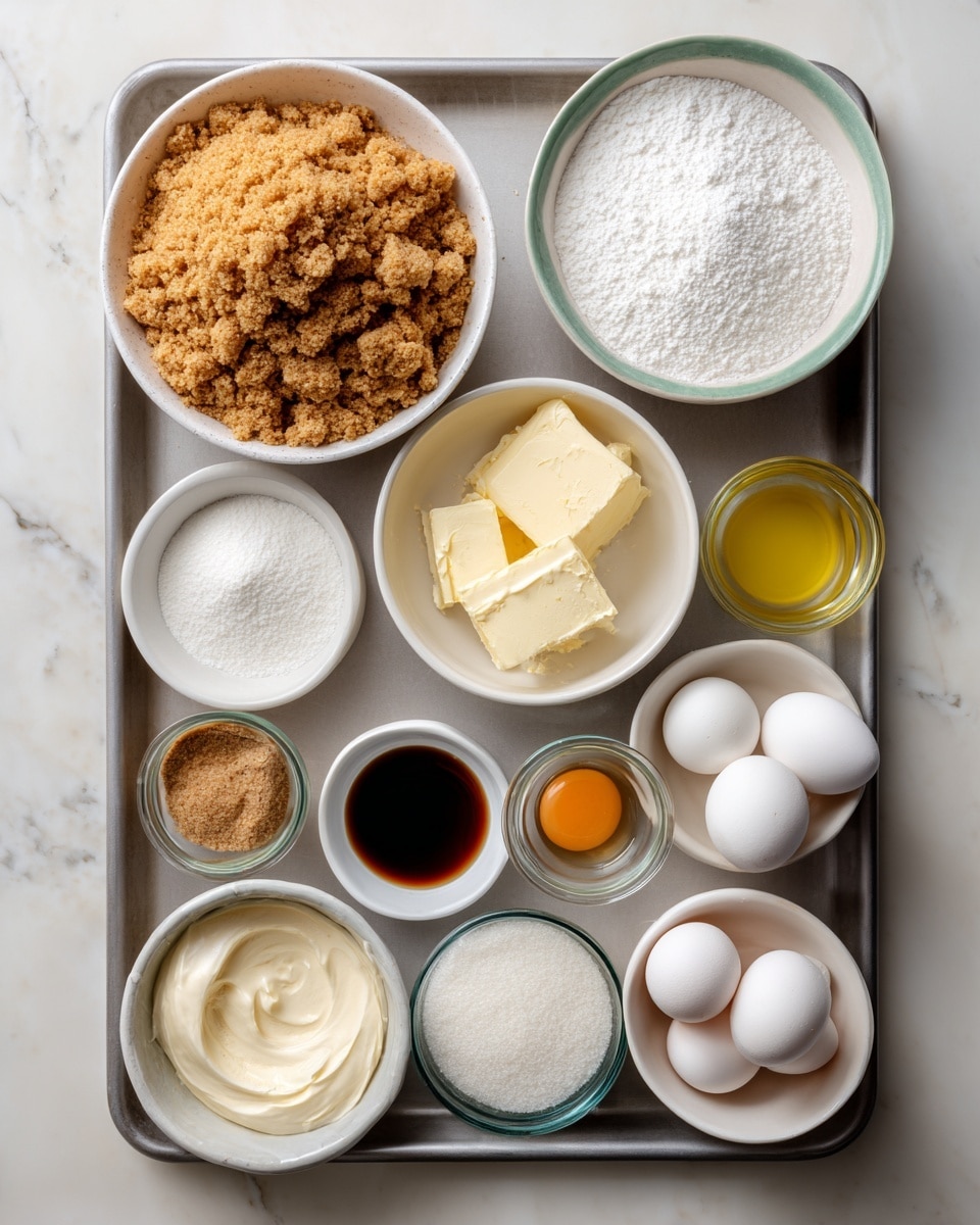 The image shows a gray baking tray with 12 small white bowls and glass containers arranged neatly on it, each containing a different ingredient for a recipe. The largest bowl on the top left is filled with crushed golden-brown graham crackers. To its right is a small white bowl with white sugar, followed by a small glass bowl with melted butter, pale yellow in color. Below the graham crackers is a white bowl filled with a creamy, off-white cream cheese. Next to it is a small white bowl with white cornstarch. In the lower middle, there is a tiny white bowl with dark brown vanilla extract, next to a small glass bowl holding light yellow lemon juice. To the right of that is a small bowl of white salt. Adjacent is a small glass bowl containing three raw eggs with clear yellowish whites and orange yolks. Above that is a larger glass container filled with white granulated sugar. A small bowl with white salt and another small bowl with pale sour cream complete the setup. The background is a clean white marbled surface. photo taken with an iphone --ar 4:5 --v 7