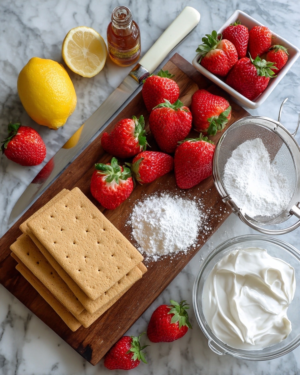 The image shows a wooden cutting board with several whole and halved red strawberries with green leaves on top. Below the cutting board, there are six rectangular golden brown graham crackers stacked neatly. To the right side, a metal sieve filled with white powdered sugar is held over a clear glass bowl, and nearby is a clear glass measuring cup filled with white cream. In the top left, there is a whole yellow lemon, a knife with a white handle, a small brown bottle, and a white square bowl filled with more strawberries. All items are placed on a white marbled surface. Photo taken with an iphone --ar 4:5 --v 7