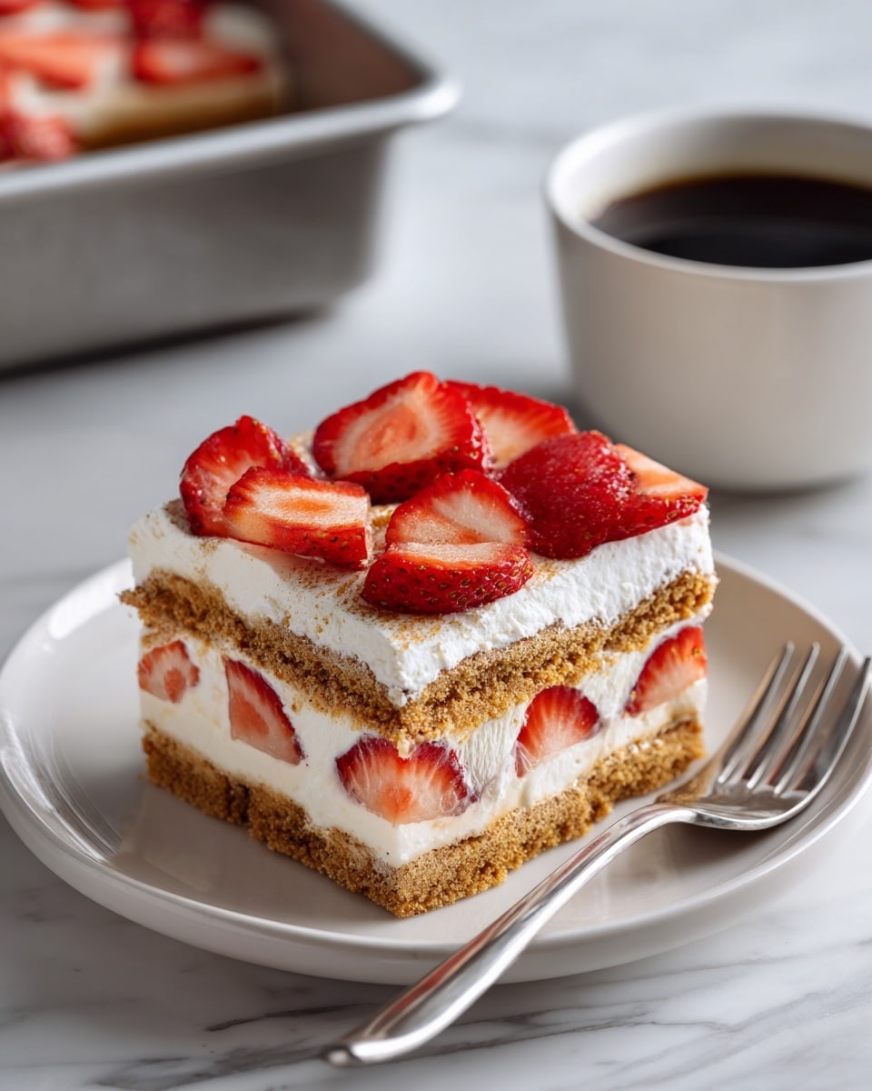 A square slice of layered strawberry dessert sits centered on a white plate with a fork on the left side. The dessert has four clear layers of light brown graham cracker crust alternating with three thick layers of white cream mixed with sliced strawberries inside. The top layer is fully covered with bright red sliced strawberries, making the dessert look fresh and colorful. In the background, there is a larger rectangular pan with more of the same dessert, and a cup of dark coffee in a white cup with a handle sits behind on a white marbled surface. The lighting is soft and natural, highlighting the textures and colors beautifully. photo taken with an iphone --ar 4:5 --v 7