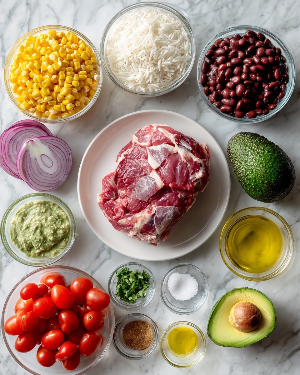 The image shows a white plate holding a large piece of raw red meat with white fat streaks in the center. Surrounding the plate, from top left to right, are clear bowls with bright yellow corn, white uncooked rice, dark brown beans, and thinly sliced red onions. Below the corn are halved red cherry tomatoes, and to the right of the meat, a whole ripe avocado with a textured dark green skin. Near the bottom left side is a green creamy sauce in a clear bowl, a clear bowl of chopped green herbs, and a small bowl of white salt. At the bottom center are four small clear bowls with light yellow juice, a brown powder, green lime zest, and finely minced white garlic. To the bottom right is a clear bowl with light golden oil. All items are on a white marbled surface. Photo taken with an iphone --ar 4:5 --v 7