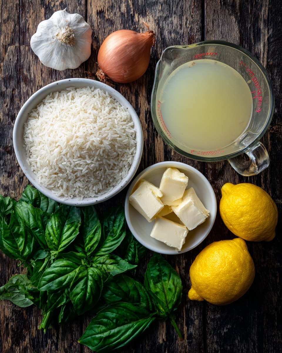 The image shows a top view of several cooking ingredients on a dark wooden surface, changed to a white marbled texture. There is a small white bowl filled with raw jasmine rice, which is white and grainy, placed near the center left. Above it, there is a whole shallot with a smooth reddish-brown skin and a full bulb of garlic with a rough white outer layer. To the right, there is a clear glass measuring cup filled with light yellow chicken broth. Below it is a tiny white bowl holding two blocks of pale yellow butter. At the bottom left corner, a bunch of fresh dark green basil leaves is spread out with visible veins. On the bottom right, two whole yellow lemons with textured skin lie side by side. Photo taken with an iphone --ar 4:5 --v 7