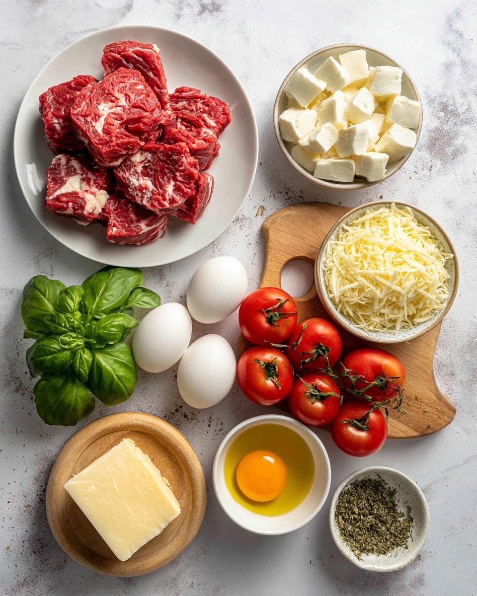 The image shows fresh ingredients arranged neatly on a white marbled surface. There is a white plate on the left holding several pieces of raw red meat with white fat marbling. Next to it is a small bowl with white cheese cubes. Below that, fresh green basil leaves form a small bunch. Moving rightward, a wooden board holds a whole yellow onion, three white eggs, and a small white bowl filled with shredded cheese. Above the board, four bright red tomatoes on the vine rest beside a small bowl with one raw egg yolk seasoned with pepper. To the right, a clear glass bowl contains golden olive oil, and next to it is a small bowl with dried green herbs. The colors are vibrant with the mix of red, green, yellow, white, and brown tones, all laid out with a clean and natural look. Photo taken with an iphone --ar 4:5 --v 7