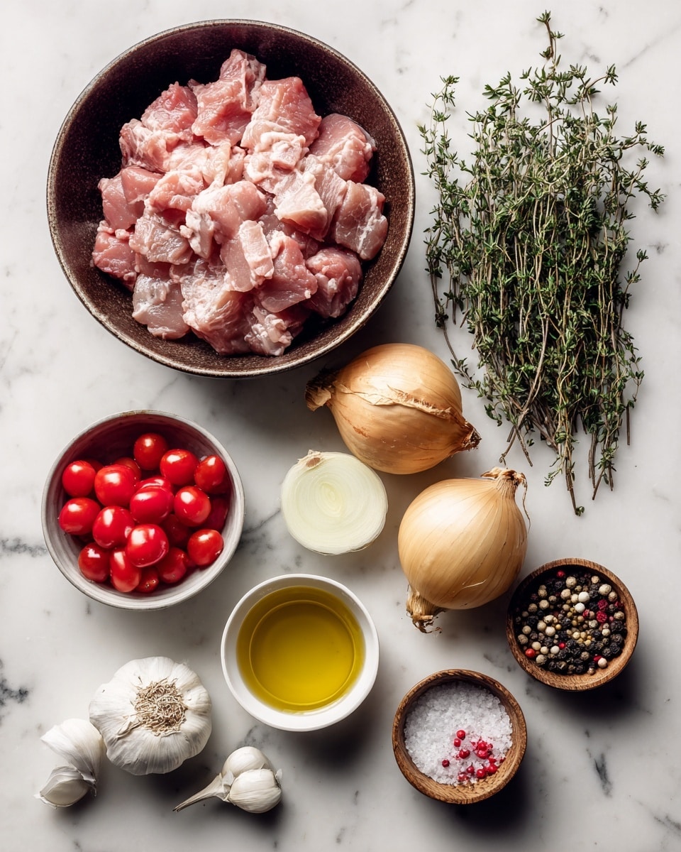 The image shows several cooking ingredients arranged on a white marbled surface. In the top left, a large dark brown bowl holds raw sliced meat with a pale pink color and smooth texture. To the right of the bowl, fresh green thyme sprigs spread out. Below the thyme, two whole yellow-brown onions and one half onion with white layers are placed. A small white bowl containing golden olive oil sits near the onions. On the left side, a small bowl of bright red cherry tomatoes contrasts with three whole garlic bulbs and some garlic cloves nearby. At the bottom right, two small wooden bowls hold coarse white salt and a mix of black, white, and pink peppercorns. A small glass with a pale yellow liquid is also on the surface. All items are clear and well spaced. Photo taken with an iphone --ar 4:5 --v 7