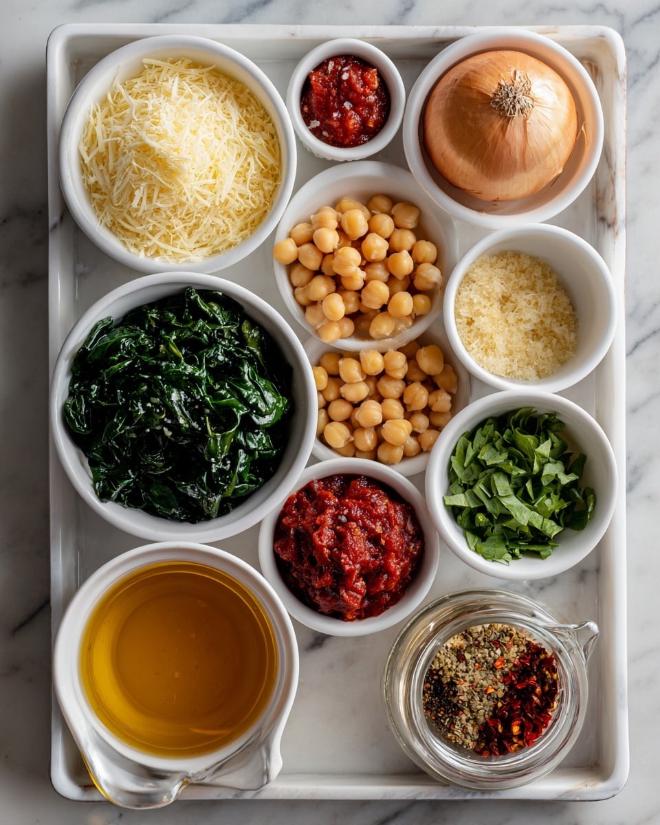 The image shows a metal tray with small white bowls and loose items arranged neatly. The top left has a white bowl filled with grated light yellow parmesan cheese. Next to it on the right is a single shallot with a pale brown skin. Below the parmesan bowl is a small white bowl containing a small amount of red tomato paste, and next to it is a white bowl with golden olive oil. In the center is a small white bowl with light tan minced garlic. Beneath the tomato paste and olive oil bowls is a large white bowl filled with dark green chopped spinach. To the right of the garlic bowl is a white bowl with chopped bright green basil leaves. Below the basil bowl, a larger white bowl is full of light beige chickpeas. In the middle bottom part of the tray is a small glass cup with amber veggie broth. To its right is a small open container holding mixed spices with red and green flakes. Between the chickpeas and tomatoes is a small white bowl with darker red sundried tomatoes. The whole setup is on a white marbled surface. photo taken with an iphone --ar 4:5 --v 7