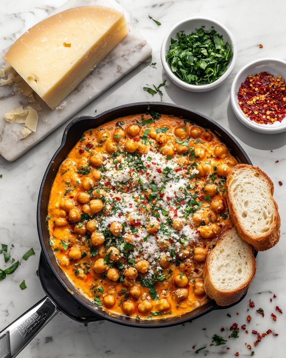 A black cast iron pan holds a creamy orange chickpea dish topped with scattered green chopped herbs, small dark red chili flakes, and light grated cheese. Two thick pieces of crusty white bread rest on the right side of the pan, partly dipped into the chickpea mix. The pan is set on a light brown wooden board with two small white bowls above it, one filled with fresh green herbs and the other with red chili flakes. A piece of hard cheese with some grated shavings is at the top left corner. The whole setting is on a white marbled surface. photo taken with an iphone --ar 4:5 --v 7