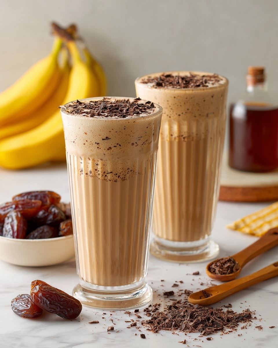 Two tall clear glasses filled with a light brown creamy smoothie topped with small dark chocolate shavings. Each glass is filled almost to the top with a smooth textured drink that shows tiny specks of chocolate inside. Some chocolate shavings are scattered on the white marbled surface in front of the glasses. In the background, there is a bunch of bananas on the left, a small white bowl holding dark brown dates on the right, and a partially visible bottle with a dark liquid behind the bowl. Two wooden spoons and a small tray with brown powder are placed near the front left side. Photo taken with an iphone --ar 4:5 --v 7