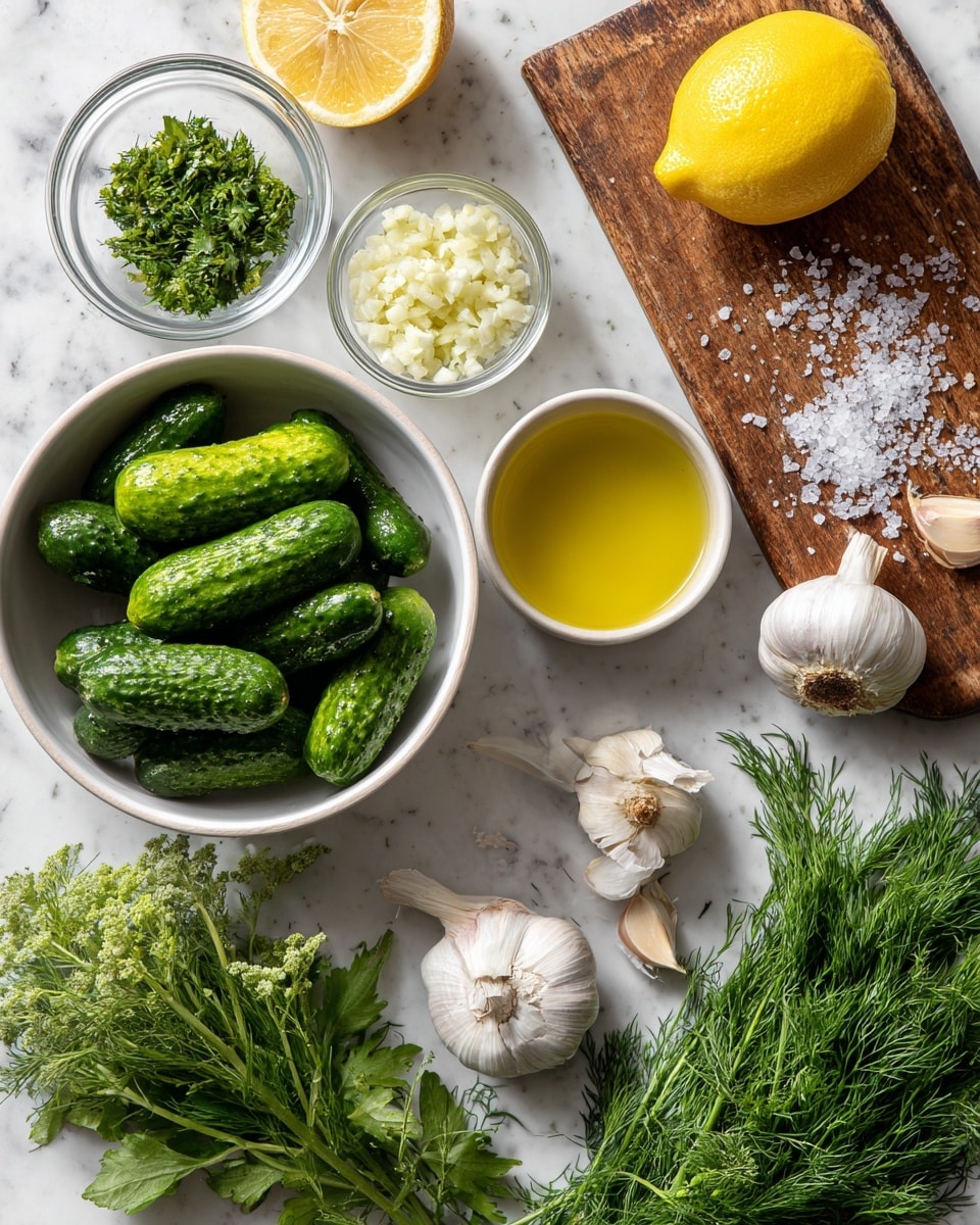 The image shows fresh ingredients on a white marbled surface. There is a white bowl filled with small green cucumbers on the left side. To the right, a white bowl contains light yellow olive oil. Above it, a small clear glass bowl holds finely chopped white garlic, while another small bowl filled with finely chopped green herbs sits nearby. A wooden cutting board at the top right has a whole lemon, a lemon half with visible juicy pulp, and a whole garlic bulb with some coarse salt scattered around. Near the center, there are two whole garlic bulbs and a couple of garlic cloves. A bunch of fresh green dill herb is placed towards the bottom right side. The whole setup is neat and arranged, showing a rustic yet fresh look. photo taken with an iphone --ar 4:5 --v 7