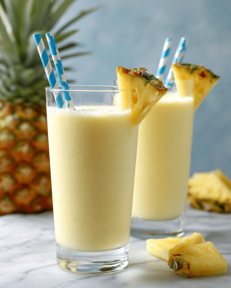 Two clear glass cups filled with smooth yellow pineapple drinks sit on a white marbled surface. Each drink is topped with a little foam and has a small triangular slice of pineapple with green skin attached on the rim. Light blue straws with white dots are placed inside the drinks. In the blurry background, there is more pineapple drink and pineapple pieces scattered around. photo taken with an iphone --ar 4:5 --v 7