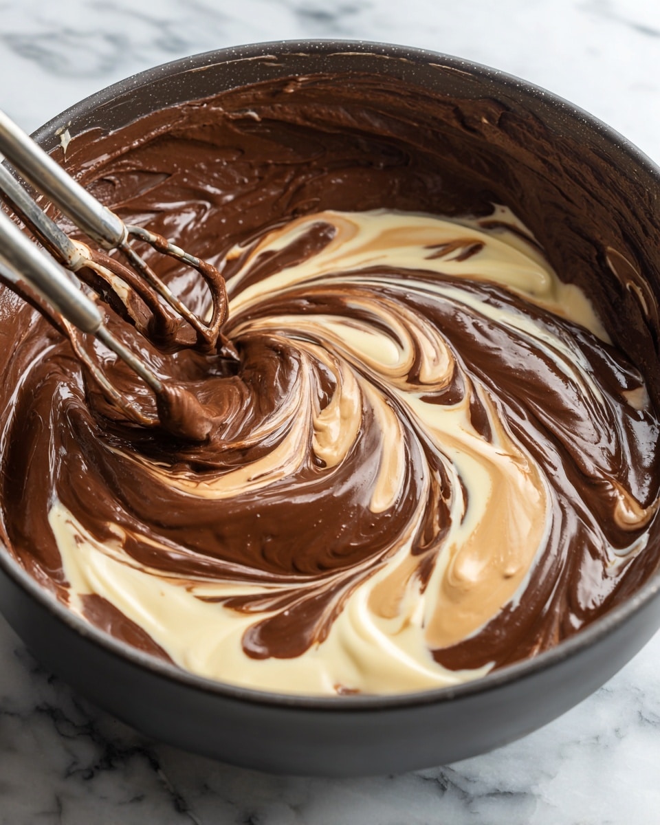 The image shows a close-up of a mixing bowl filled with thick, swirled chocolate and cream mixture. The mixture has two colors: dark, shiny brown chocolate and smooth, light cream, blending together in soft, flowing swirls. The metal beaters, coated in the chocolate and cream mix, are mid-stir, creating a sense of motion. The bowl is dark on the outside, but the focus is on the rich, glossy swirls inside. The background is a white marbled texture. photo taken with an iphone --ar 4:5 --v 7