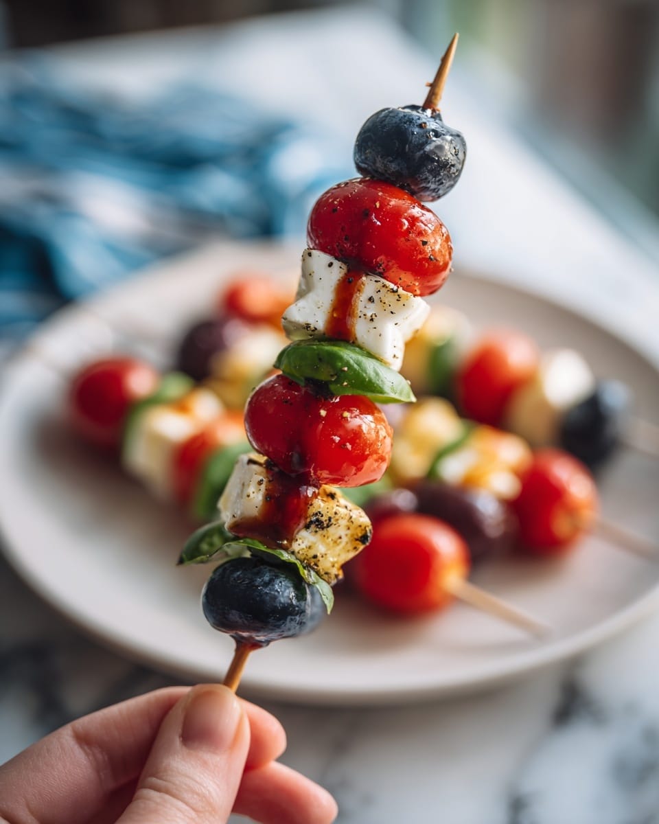 A skewer held by a woman's hand shows different layers from bottom to top: a dark blue blueberry, a red cherry tomato, a green basil leaf, a white star-shaped cheese piece with a drizzle of dark red sauce and black pepper, a green basil leaf, a red cherry tomato, and a dark blue blueberry at the top. In the background, multiple similar skewers with the same ingredients are arranged on a white plate, all placed on a white marbled surface with a blurred blue-striped cloth visible. photo taken with an iphone --ar 4:5 --v 7