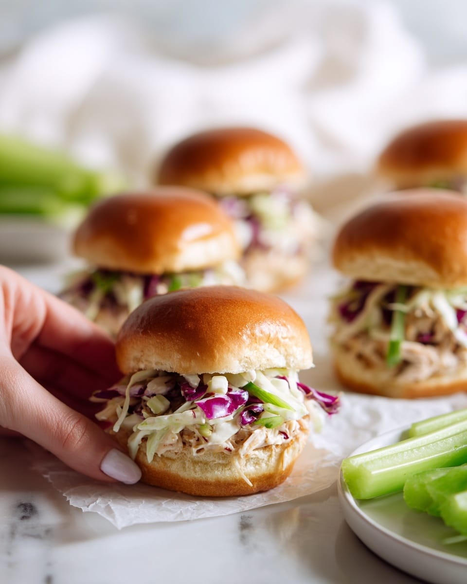 The image shows several small sandwiches arranged on white crumpled paper over a white marbled surface. Each sandwich has a soft, shiny golden brown bun on top and bottom. Inside the sandwiches, there are layers of shredded light orange chicken and a mix of purple and green cabbage with creamy dressing visible. On the side of the sandwiches, there are fresh bright green celery sticks. The lighting is natural and soft, highlighting the textures and colors of the ingredients. photo taken with an iphone --ar 4:5 --v 7