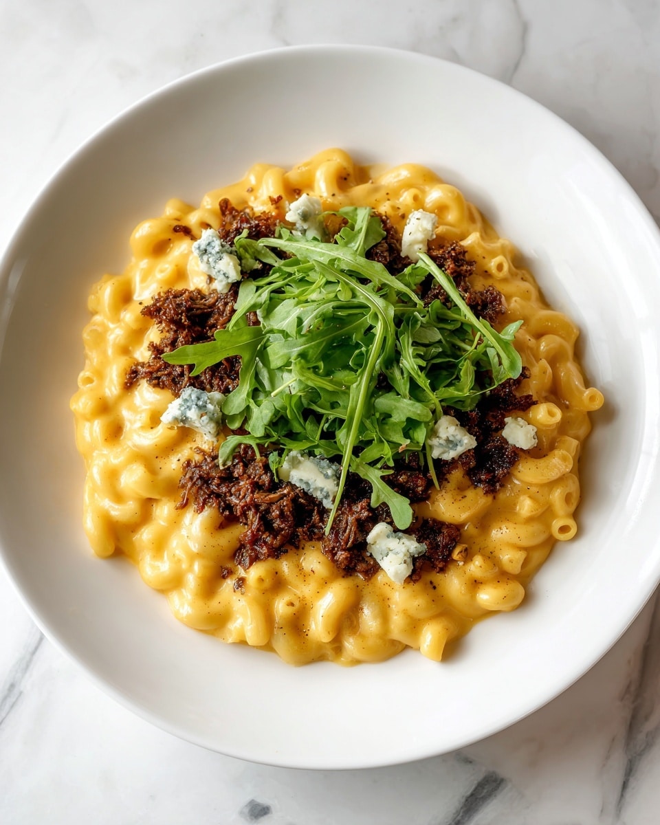 A white plate holds a creamy, yellow-orange mac and cheese base with soft elbow pasta covered in melted cheese sauce. On top, there are tender, dark brown shredded meat pieces with a slightly crispy texture. A small amount of white and blue cheese crumbles are hidden between the pasta and meat. Fresh green arugula leaves with a light shine sit on the very top, adding a bright green contrast. The plate sits on a white marbled surface. Photo taken with an iphone --ar 4:5 --v 7
