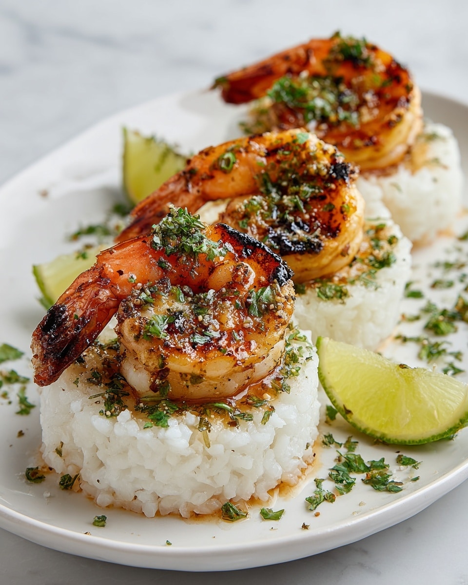 The image shows a white oval plate with three small round layers of white rice, each topped with a large grilled shrimp. The shrimp are golden-brown with some charred spots and sprinkled with chopped green herbs. The rice has small green herb bits mixed in, and the shrimp have a glossy, slightly oily texture. At the back of the plate, there are two thin slices of fresh lime. The plate is placed on a white marbled surface. Photo taken with an iphone --ar 4:5 --v 7