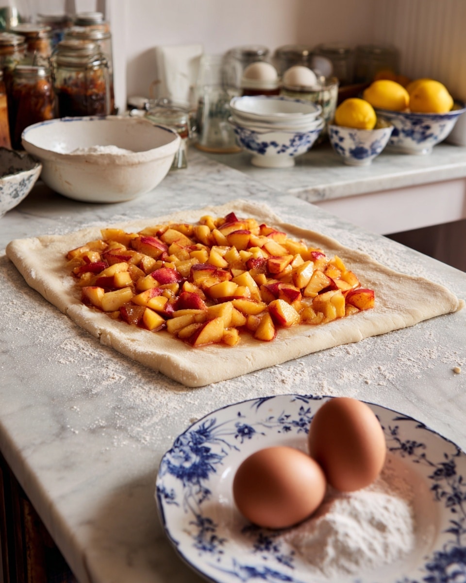 A large square layer of light beige dough is rolled out flat on a white marbled surface, sprinkled with some flour around the edges. On top, there is a generous layer of small chopped pieces of bright orange and red peaches, spread evenly but leaving the outer edges bare. In the foreground, there is a white plate with blue floral patterns holding two brown eggs, and a white marble bowl with white sugar visible. The background shows a white kitchen counter with bowls of lemons and eggs, and some jars and containers. photo taken with an iphone --ar 4:5 --v 7