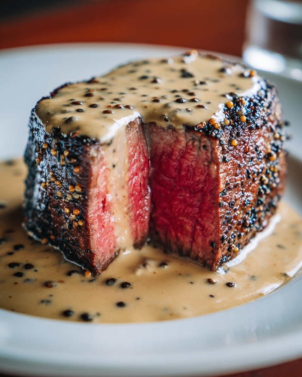 The image shows a thick slice of steak cooked medium rare with a pink inside and a black pepper crust on the outside. The steak rests on a white plate with a small pool of creamy beige sauce around it, some sauce running slightly down the side of the meat. The white marbled table surface under the plate is softly blurred in the background. Photo taken with an iphone --ar 4:5 --v 7