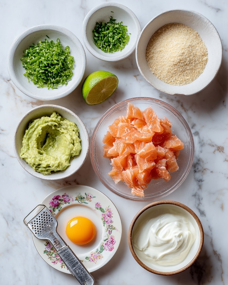 The image shows seven small bowls and plates arranged on a white marbled surface. In the center, there is a clear glass bowl filled with small, pink-orange pieces of raw salmon. To the top left is a small white bowl with chopped green chives. Below it is another small white bowl with chopped flat green herbs. To the top right is a small white bowl filled with light beige breadcrumbs. Below it is a white bowl with a scoop of light green smashed avocado. At the bottom right, there is a small white bowl with creamy white yogurt or sauce. At the bottom center, there is a small amber-colored bowl holding a single raw egg yolk. At the bottom left, a small white plate with a delicate floral border has two halves of a lime and a small grater resting on it. Photo taken with an iphone --ar 4:5 --v 7