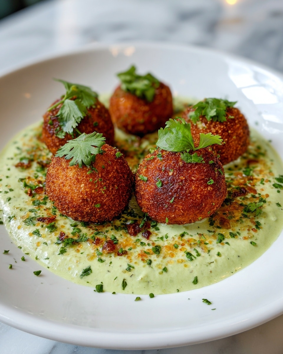 Four round, golden-brown fried balls with a crispy texture are arranged in a square shape on a white plate. Each ball is topped with small green leafy herb pieces. Below the balls, there is a smooth, creamy light green sauce spread in a thick layer with tiny green herb bits mixed in. The plate rests on a white marbled surface. photo taken with an iphone --ar 4:5 --v 7