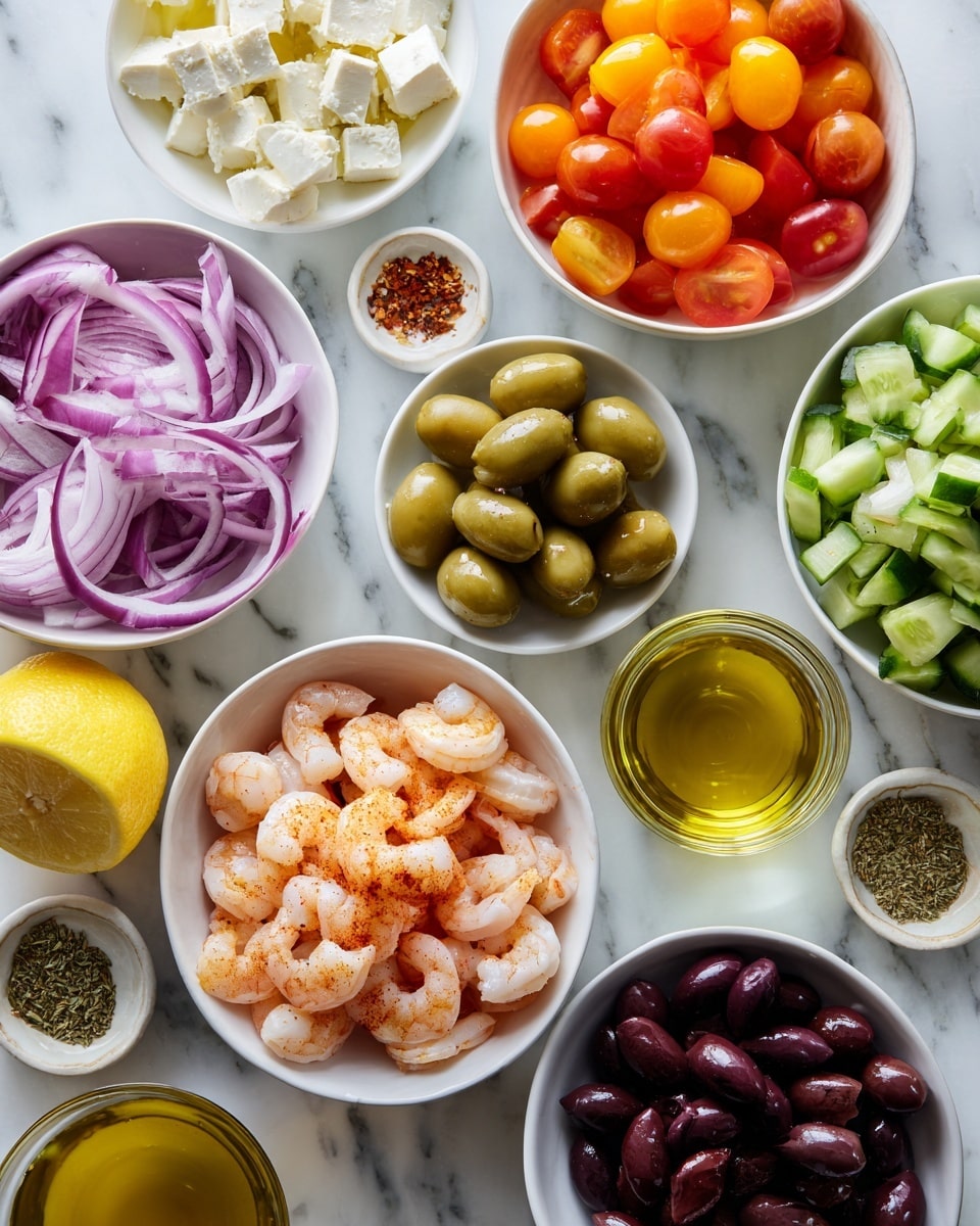 The image shows several white bowls arranged on a white marbled surface, each with different ingredients. In the center bottom is a bowl filled with peeled shrimp, seasoned lightly with spices. Above it to the left, there is a bowl of thinly sliced red onions, and to the right, a bowl containing feta cheese cubes mixed with thin onion slices. Near the top center is a bowl of chopped cucumber chunks, and above that, a bowl of orange cherry tomatoes. To the right of the cherry tomatoes is a lemon half, and next to it is a small bowl of green olives. Below the olives is a bowl of dark Kalamata olives. There are two glass bowls filled with olive oil, one near the olives and the other near the cheese. There are also two small white bowls with dry herbs and spices, one near the shrimp and one near the cherry tomatoes. The colors include pale pink shrimp, bright orange tomatoes, green cucumber and olives, dark olives, purple onion, white feta, and yellow lemon. Photo taken with an iphone --ar 4:5 --v 7