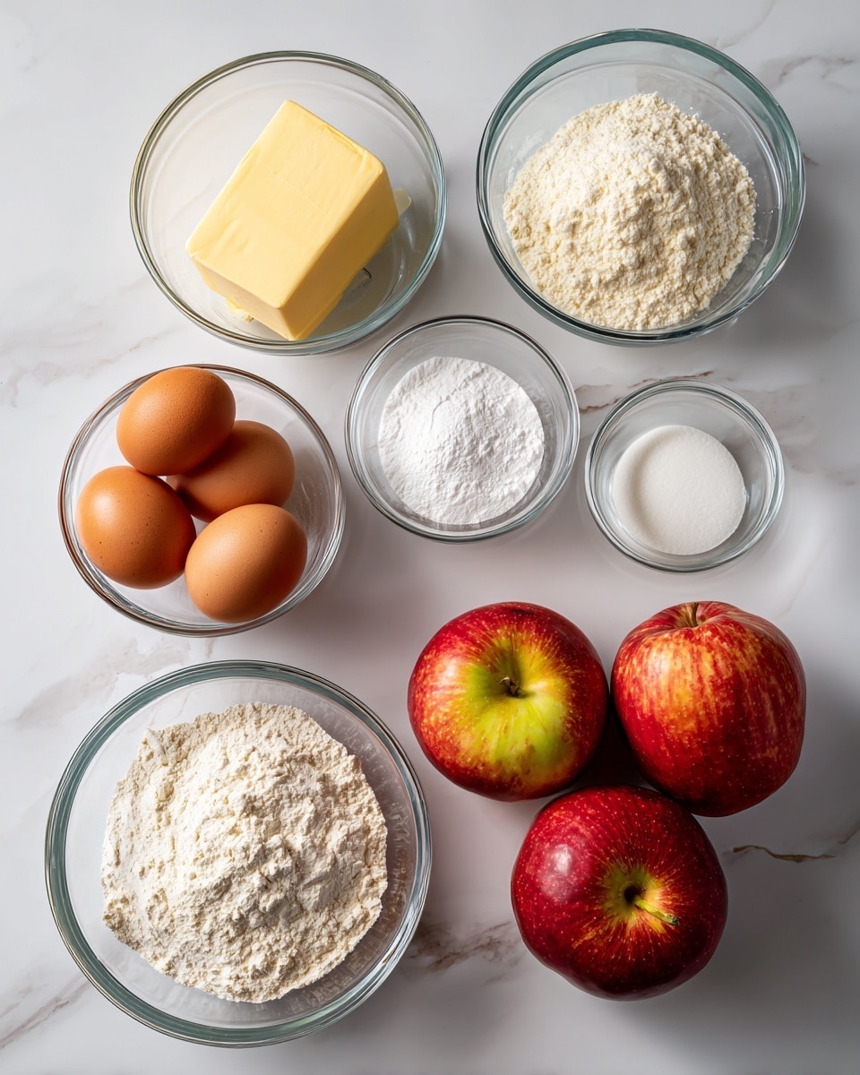 The image shows six clear glass bowls placed on a white marbled surface, each containing different ingredients: three whole brown eggs, a solid block of light yellow butter, white granulated sugar, white flour, a small amount of light brown liquid vanilla, and white baking powder in a small bowl. In the center, there are three red apples with yellow-green patches, placed close together in a triangle shape. Each ingredient is labeled with a dark gray box and white text placed near or slightly above the item. The overall setting is bright and clean. photo taken with an iphone --ar 4:5 --v 7