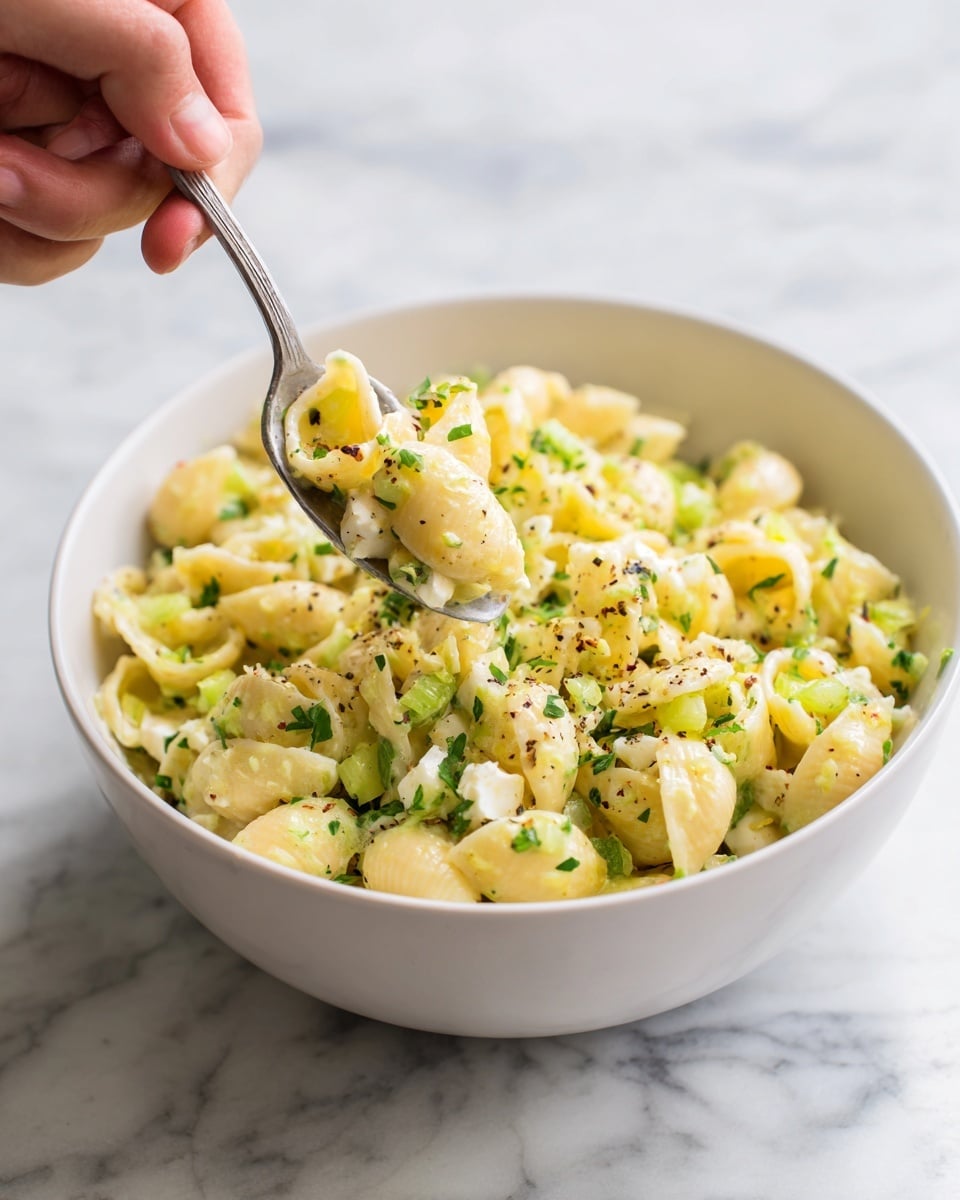The image shows a white bowl filled with creamy potato salad placed on a white marbled surface. The potato salad has chunks of yellow potatoes mixed with a light, creamy dressing that looks smooth and thick. Small pieces of green celery and bits of black pepper are scattered on top, adding texture and color contrast. A silver spoon is scooping some salad from the bowl, held by a woman's hand. The overall look is fresh and simple, with a warm, natural light. photo taken with an iphone --ar 4:5 --v 7