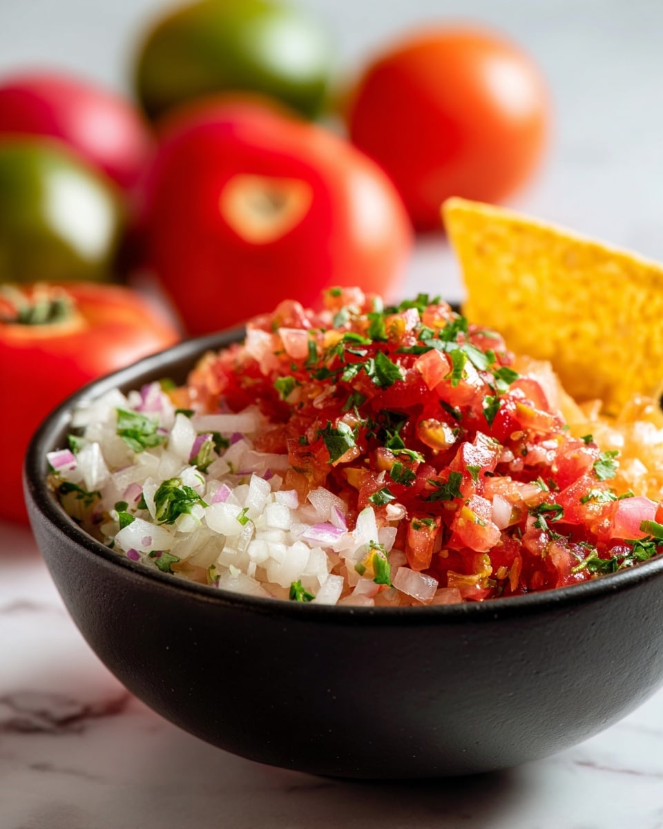 A close-up view of a small black bowl filled with fresh salsa made of diced red tomatoes, white onions, and green herbs, all finely chopped and mixed together. Inside the bowl, a yellow triangular tortilla chip stands upright, partially buried in the salsa. Around the bowl, more yellow tortilla chips are scattered casually on a white marbled surface with a blurred red tomato and green pepper in the background. The textures are sharp and fresh, showing the moist and juicy look of the salsa ingredients, with the rough, crisp texture of the tortilla chips contrast the soft vegetables. photo taken with an iphone --ar 4:5 --v 7