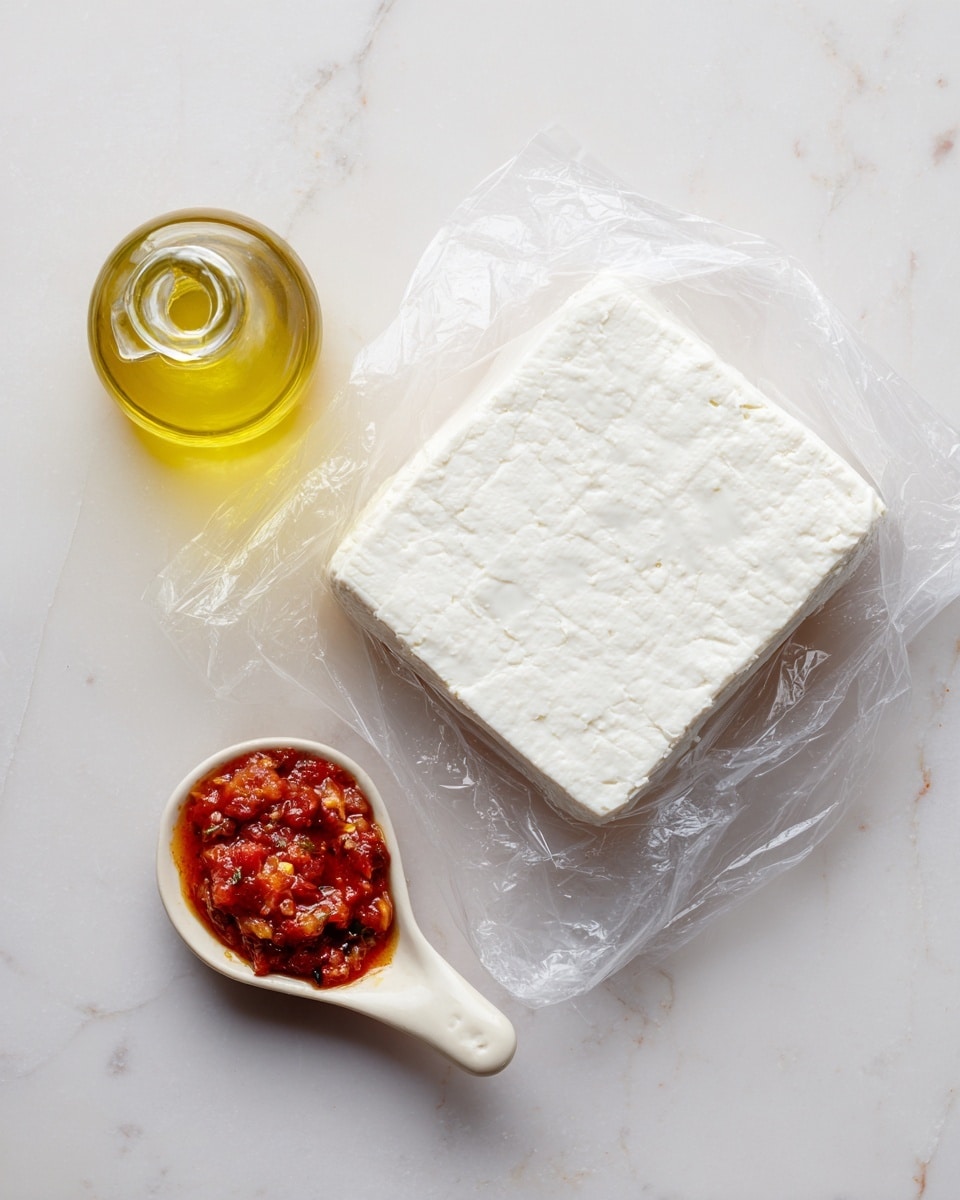 A soft, white block of tofu lies flat on a clear plastic wrapper, showing subtle lines and a gentle texture on top. To the bottom right, a small white spoon-shaped dish holds a thick, red sauce with chunks and a slightly shiny surface. In the bottom left corner, a transparent bottle filled with light yellow oil is partially visible, with the white marbled surface underneath showing through. The overall scene is simple and clean, with soft lighting on the tofu and ingredients, placed on a white marbled surface. photo taken with an iphone --ar 4:5 --v 7
