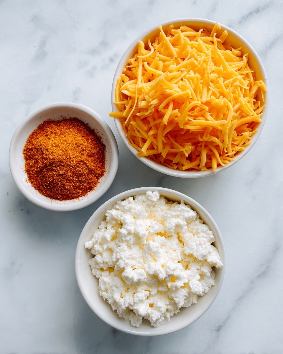 The image shows three small white bowls arranged in a triangle on a white marbled surface. The bowl at the top right is filled with bright orange shredded cheddar cheese with a coarse texture. The bowl at the bottom center holds white cottage cheese with a lumpy, creamy texture. The smaller bowl at the top left contains finely ground taco seasoning powder in a deep orange color. Each bowl's contents are clearly visible and distinct, creating a colorful contrast against the white bowls and white marbled background. Photo taken with an iphone --ar 4:5 --v 7