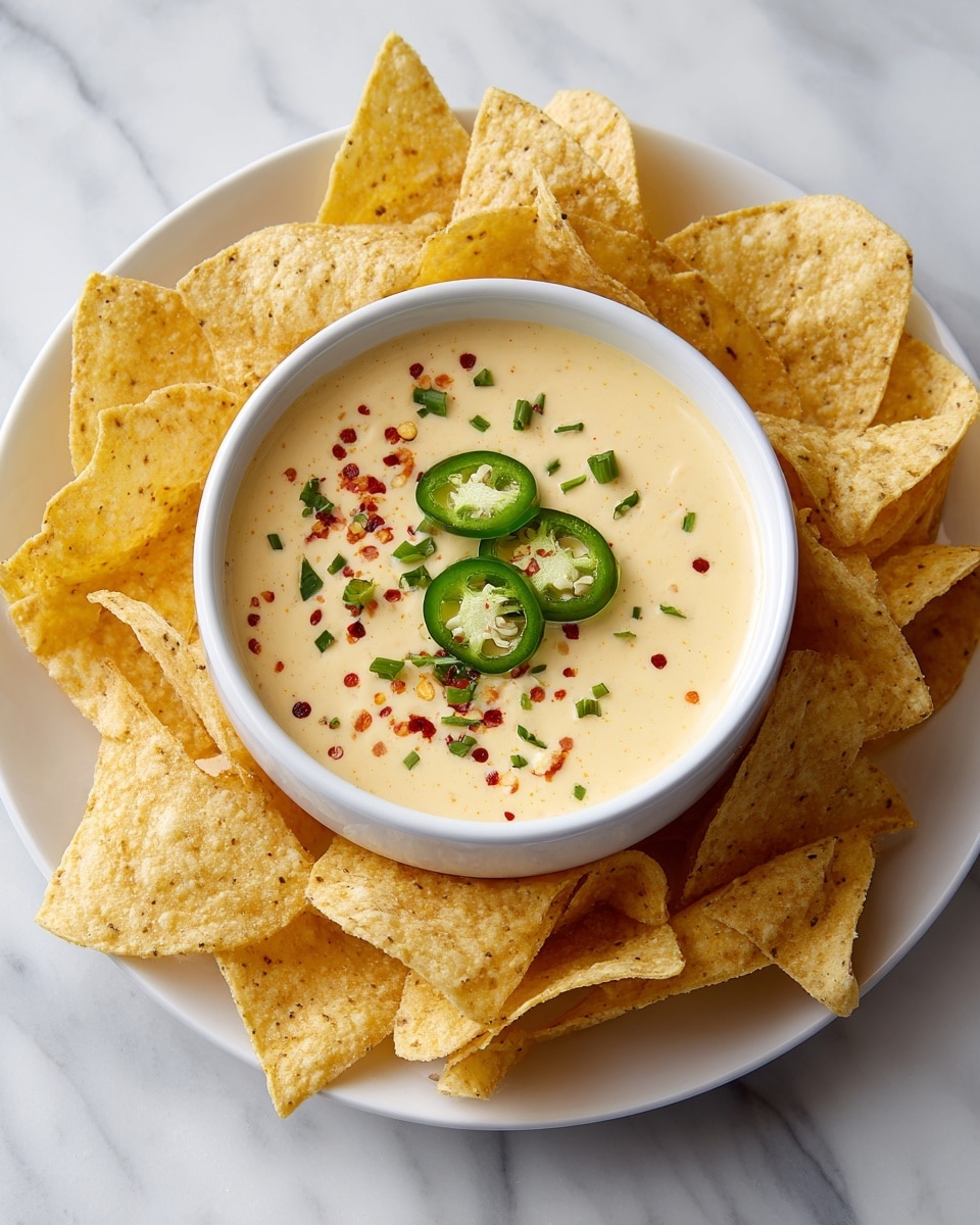 A white bowl in the center holds smooth, creamy orange cheese dip sprinkled with light red spices. On top of the dip, three bright green jalapeño slices are placed. The bowl is surrounded by many yellow-orange corn tortilla chips, some overlapping and showing their rough texture. The dish sits on a white plate with a subtle marble texture in the background. One chip is dipped slightly into the cheese dip, resting against the bowl’s edge. Photo taken with an iphone --ar 4:5 --v 7