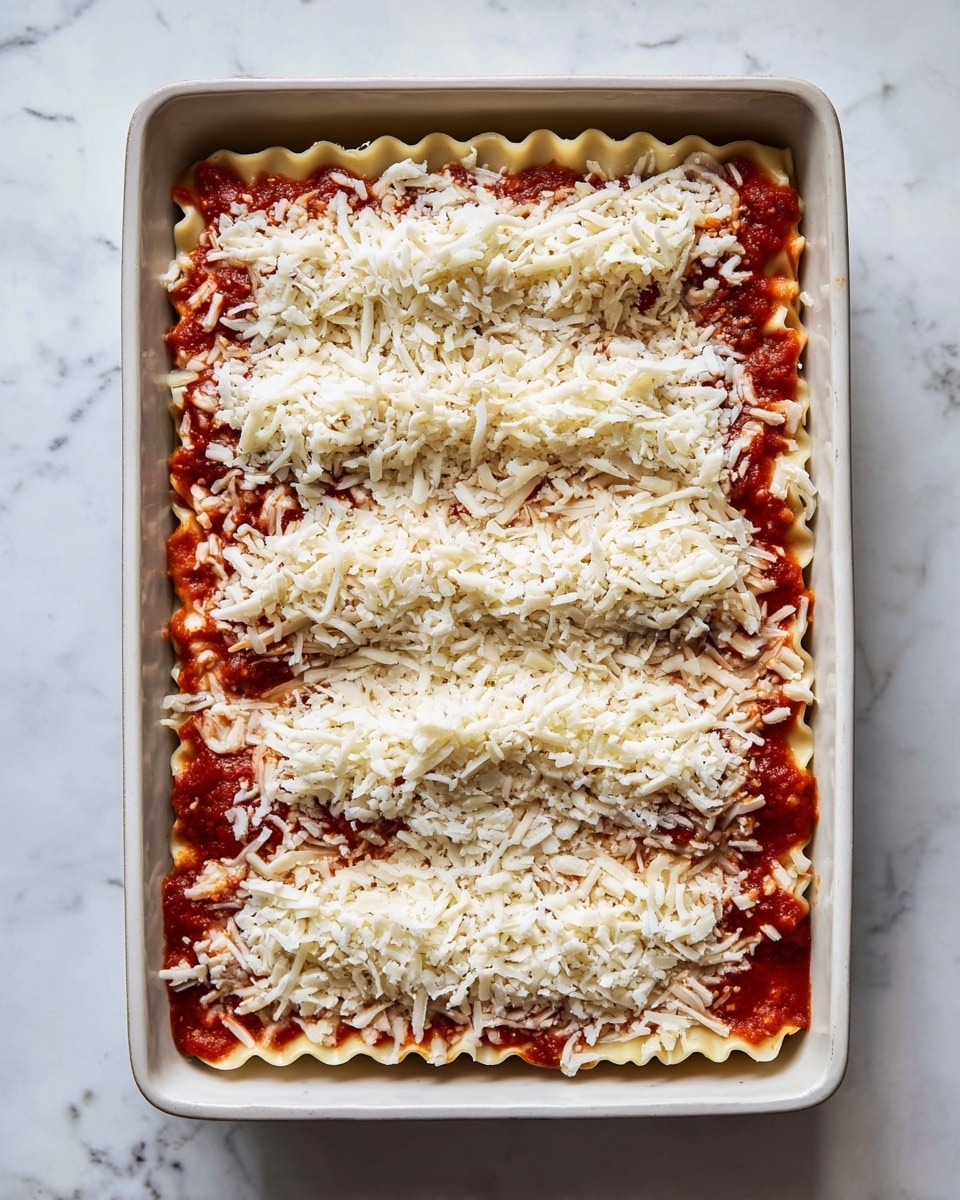 A rectangular baking dish filled with layers of uncooked lasagna, starting at the bottom with light beige pasta sheets that have a rough texture, topped with bright red tomato sauce spread evenly, then covered with a thick layer of shredded white cheese with a soft, crumbly look that blankets the entire top of the dish. The dish rests on a white marbled surface. Photo taken with an iphone --ar 4:5 --v 7