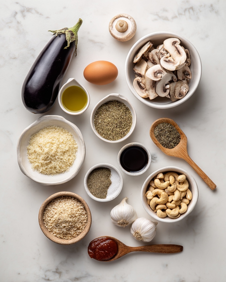 The image shows a collection of ingredients on a white marbled surface, neatly arranged for a recipe. On the left, there is one whole dark purple eggplant with a smooth skin. Next to it, there is a white bowl filled with light brown sliced mushrooms, showing their textured caps and white undersides. Below, a small white dish holds a single brown egg. To its right, a white bowl contains fine beige breadcrumbs. Below that, another white bowl has coarse pulsed cashews with a mix of beige and light brown pieces. A small wooden bowl holds pale yellow parmesan cheese powder. Adjacent to it, a small beige bowl contains Italian seasoning, a mix of green dried herbs. Below, a tiny white bowl has a salt and pepper mix with visible grains. Next to it, two garlic cloves rest directly on the white marbled surface. A small white cup contains light golden olive oil. Nearby, a white cup filled with dark brown Worcestershire sauce is placed beside a wooden spoon holding red tomato paste. All items are spaced evenly with clear labels above or near each ingredient. Photo taken with an iphone --ar 4:5 --v 7