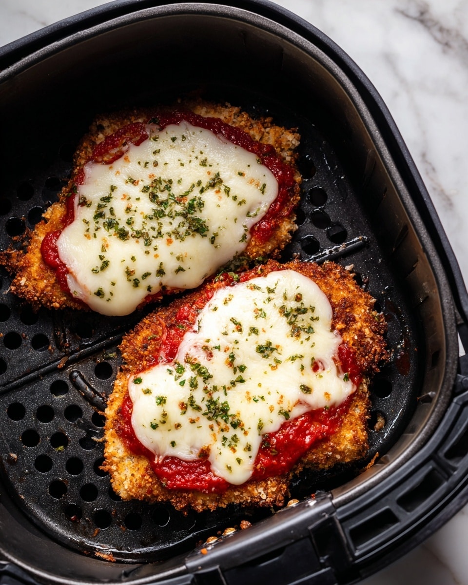 The dish shows two pieces of crispy golden brown breaded cutlets inside a black air fryer basket with circular holes at the base. Each cutlet has a layer of bright red tomato sauce spread on top, followed by a thick layer of melted white cheese that covers most of the surface. Green herb flakes are sprinkled evenly over the cheese, adding texture and color contrast. The black basket sits on a white marbled texture background. photo taken with an iphone --ar 4:5 --v 7