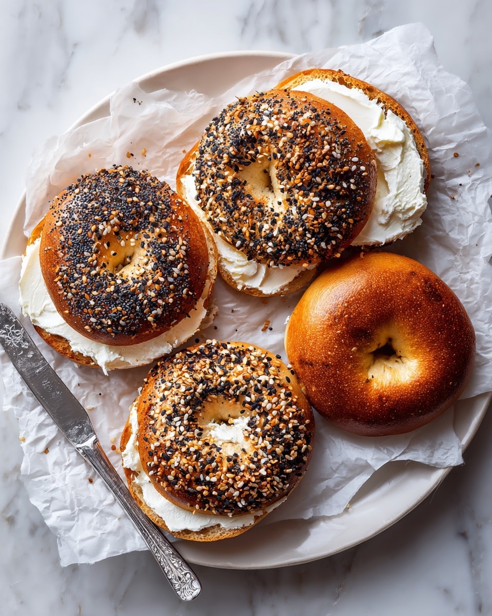 Four golden brown bagels sit on crumpled white parchment paper inside a round silver tray. Two bagels are sprinkled with a mix of black and white sesame seeds, poppy seeds, and seasonings, adding texture and contrast to the shiny, baked surface. The other two bagels are plain, showing their smooth but slightly cracked golden crust. The tray is placed on a white marbled surface, with a small brown bowl of white cream and a glass of dark coffee nearby. A gray and white striped cloth and a knife with a silver blade are partially visible on the edges. Photo taken with an iphone --ar 4:5 --v 7