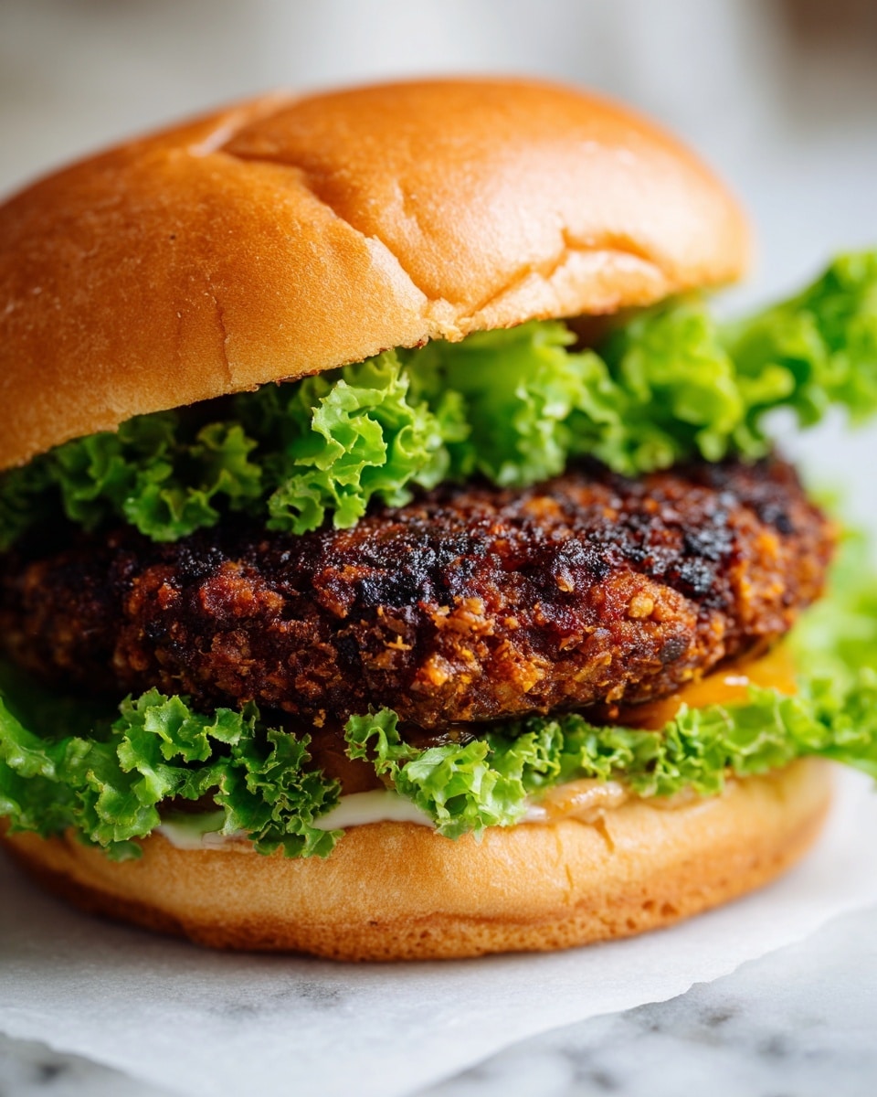 A close-up of a veggie burger shows a thick dark brown patty with a charred rough texture, sitting on a layer of bright green curly lettuce. The burger base is a soft light brown bun with a slightly rough surface, and the green lettuce leaves curl up around the edges just under the patty. The background has a soft white marbled texture. photo taken with an iphone --ar 4:5 --v 7
