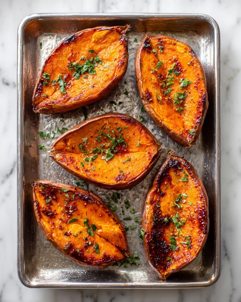 A close-up view of five roasted sweet potato halves arranged on a silver baking tray, each with crispy, caramelized orange flesh showing dark brown charred spots and a slightly wrinkled texture. The skin is rough and brown, curling slightly away from the soft center. Small green herb pieces are scattered across the sweet potatoes, adding a fresh contrast. The silver tray shows some oil shine and a few herb bits around the potatoes. The whole scene sits on a white marbled surface. Photo taken with an iphone --ar 4:5 --v 7