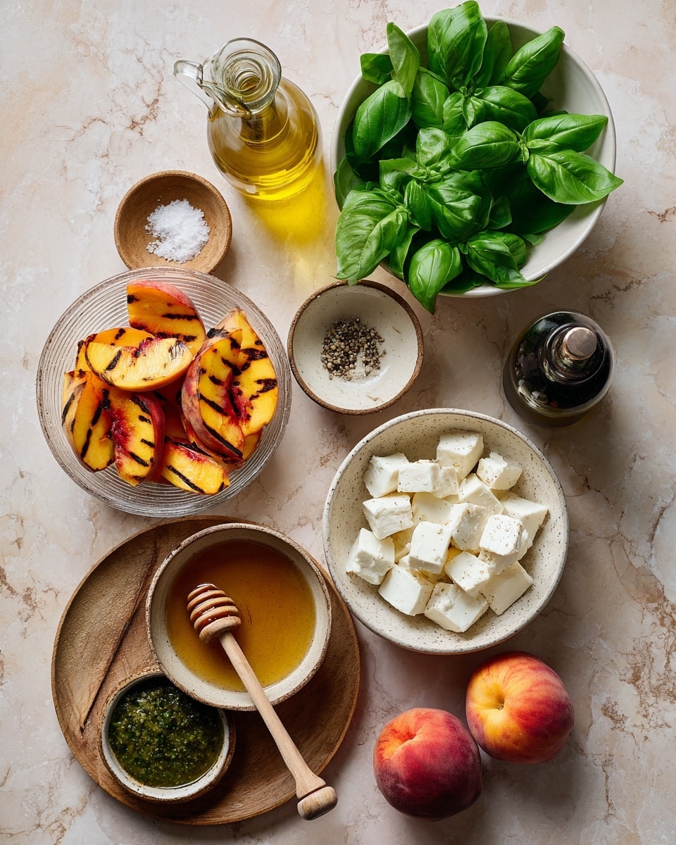 The image shows a collection of fresh food ingredients arranged on a white marbled surface. There are two bowls filled with grilled peach slices, one clear glass bowl on the left and one wooden bowl below it, each slice showing distinct dark grill marks on bright orange and red peach flesh. To the right of these bowls, there is a white bowl filled with torn white cheese pieces sprinkled lightly with black pepper. Above this, there is a small white bowl containing coarse salt and pepper, and a clear glass bottle with olive oil next to it. Next to the olive oil is a dark bottle with a silver cap. A white bowl filled with fresh green basil leaves is positioned above the cheese. In the center, a wooden plate holds a glass dish with honey and a wooden honey dipper inside. To the left of this, two small clay bowls hold salt and a dark green pesto with visible herbs. Finally, three whole peaches with reddish skin are placed near the bowls, adding a natural, fresh touch. The colors are warm and inviting, with the green basil and bright peaches contrasting with the soft white cheese and honey amber. photo taken with an iphone --ar 4:5 --v 7