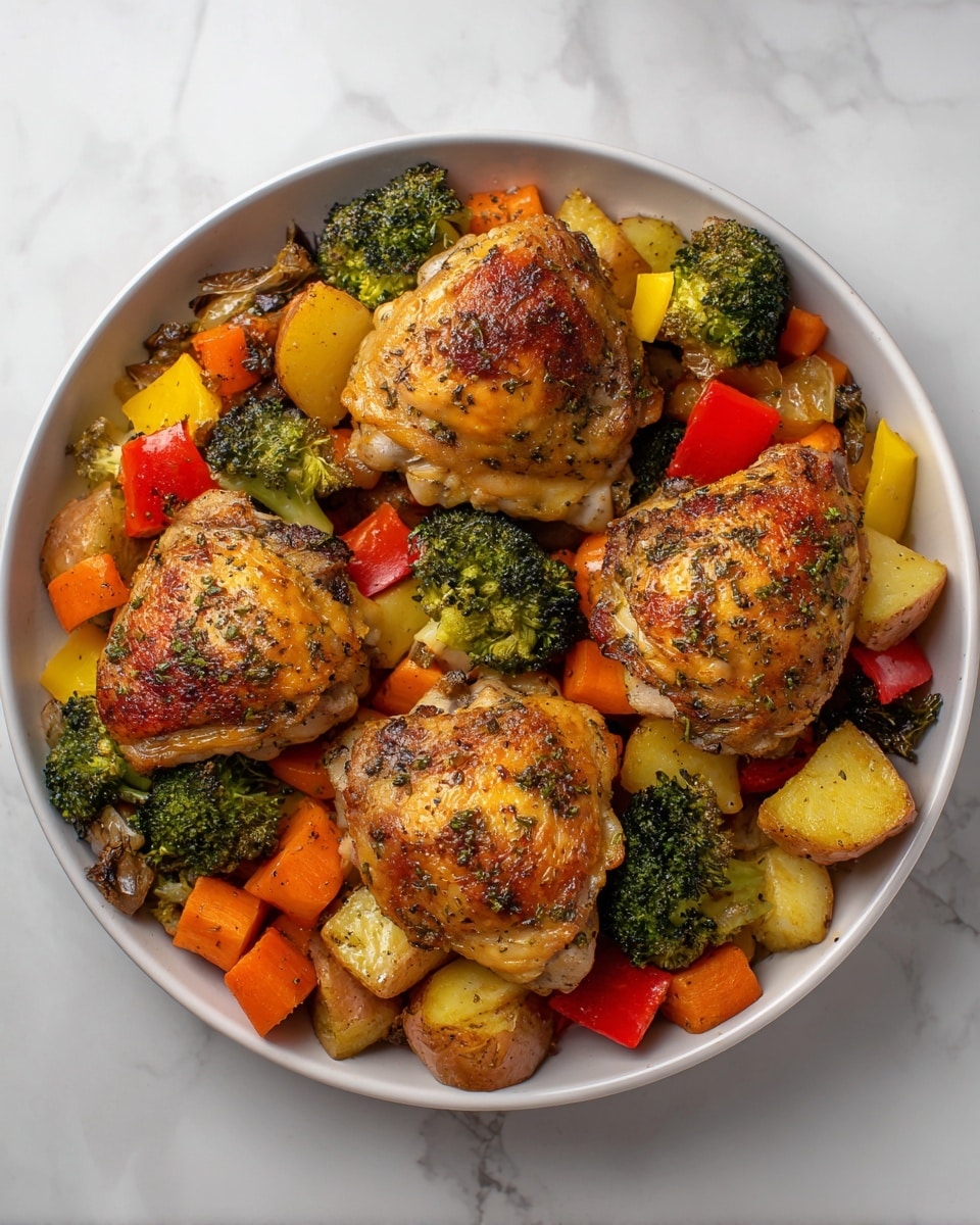 A white bowl on a white marbled surface holds a dish with five browned chicken thighs, each with a crispy, golden skin and bits of green herb on top. The chicken pieces sit on a bed of roasted vegetables made of bright green broccoli florets, orange carrot chunks, and yellow bell pepper pieces. The vegetables have a slight char and a soft texture, giving a mix of colors and a warm, roasted look. The dish is simple but colorful with a mix of orange, yellow, green, and brown, making it look fresh and tasty. photo taken with an iphone --ar 4:5 --v 7